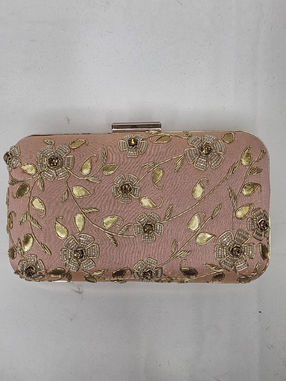 Blush Pink Gold Floral Beaded Evening Clutch Minaudière Bag w/ Chain